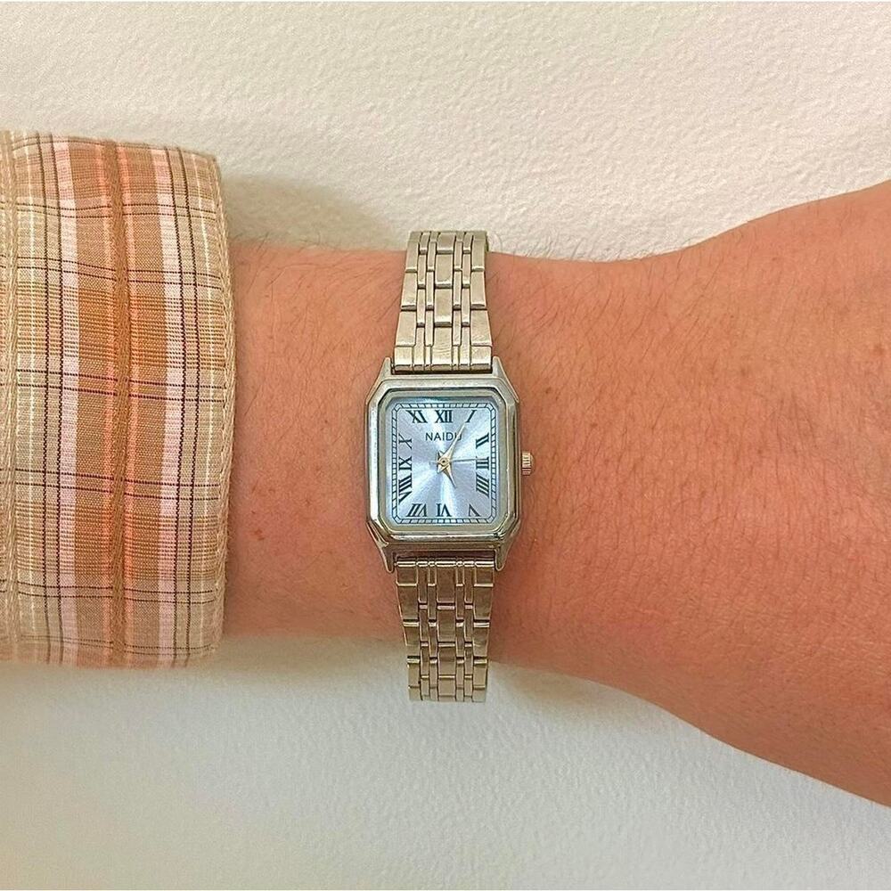 Y2K Silver Rectangle Quartz Watch with Roman Dial Unisex 8.5" New